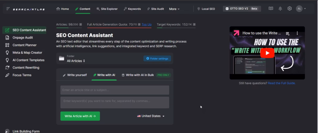 Search Atlas’s SEO Content Assistant gives allows you to write various types of content with AI. Whether it’s short copy or bulk creation—this tool provides a tailored keyword list and other features to get your quality content ranking. Search Atlas SEO Content Assistant