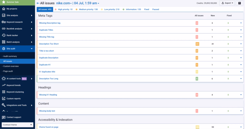 Via Serpstat all issues in serpstat website audit