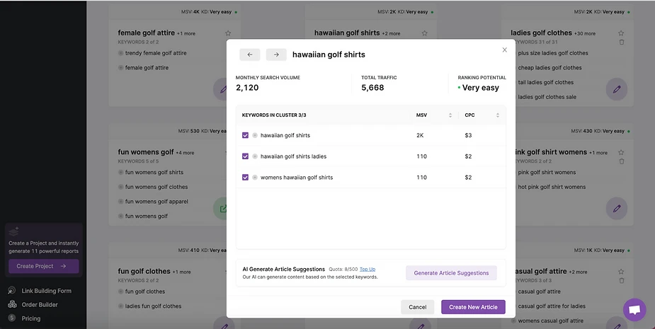 Screenshot of a keyword research tool displaying search volume and competition data for "hawaiian golf shirts" and related terms, with an option to automate SEO tasks, saving time and money while creating a new article.