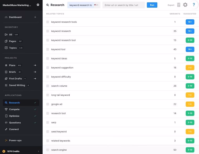 MarketMuse Keyword Research feature MarketMuse Keyword Research Feature